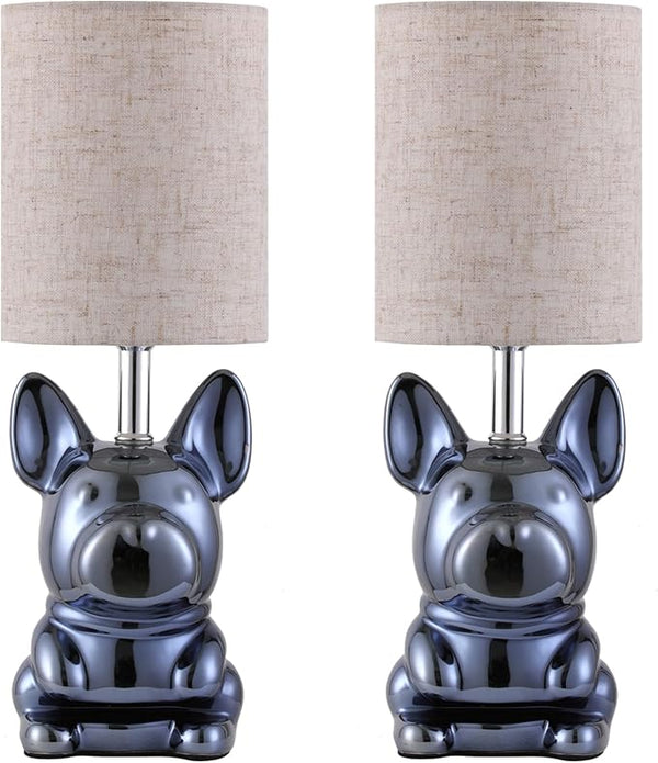 EOEYYOYB Set of 2 Glazed Ceramic Bulldog Linen Shade Table Lamp in Navy NEW