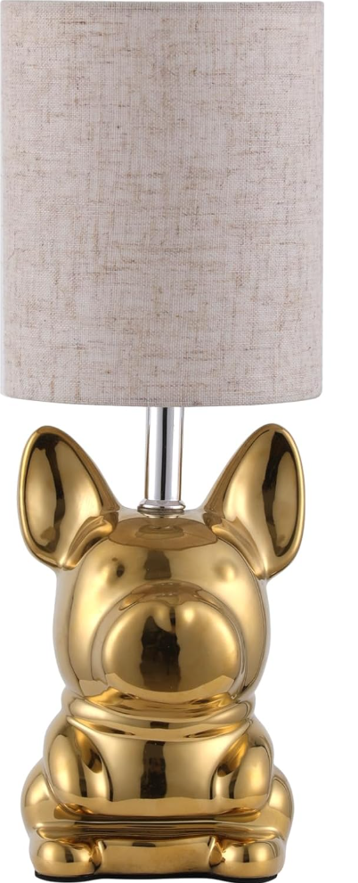 EOEYYOYB Single Glazed Ceramic Bulldog Linen Shade Table Lamp in Gold NEW