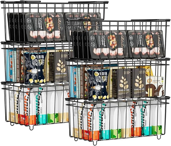 6 Pack Wired Black Multipurpose Stackable Deep Organiser Bins 37x18x15cm NEW