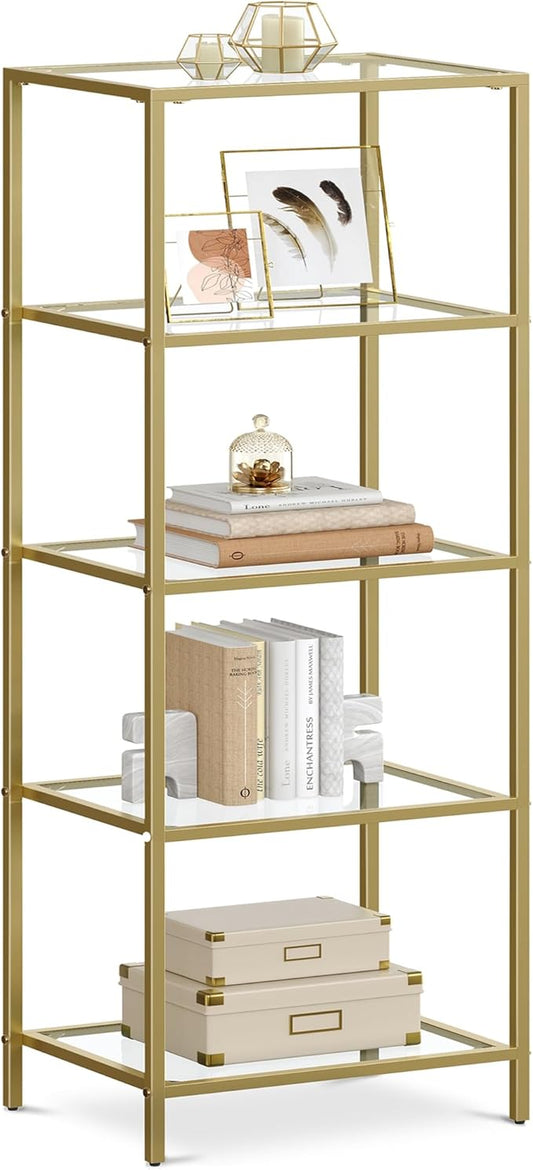 VASAGLE LGT029 5 Tier Tempered Glass Steel Frame Slim Book Shelf in Gold NEW