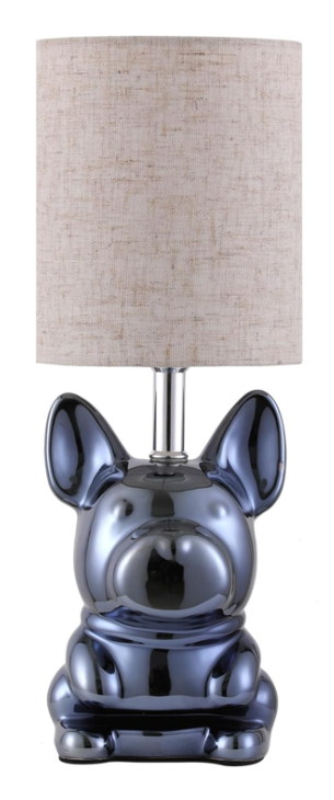 EOEYYOYB Single Glazed Ceramic Bulldog Linen Shade Table Lamp in Navy NEW