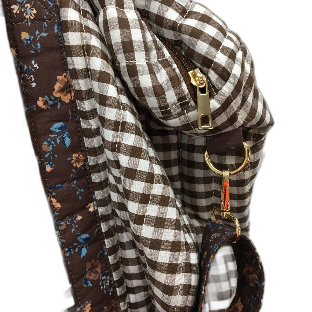 Quilted Cloth Brown Gingham Floral Detail Weekender Travel Bag 44x17x26cm NEW