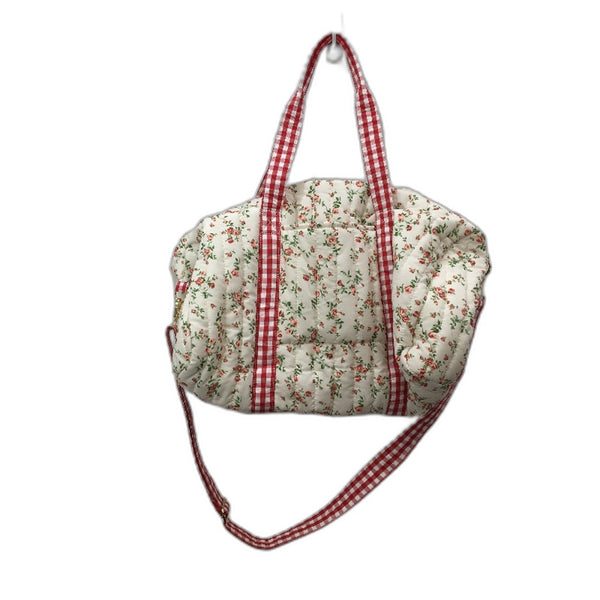 Quilted Cloth White Rose Pattern Gingham Detail Weekender Bag 44x17x26cm NEW