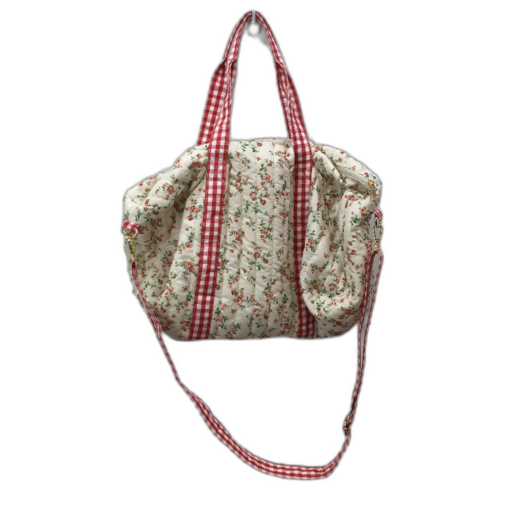 Quilted Cloth White Rose Pattern Gingham Detail Weekender Bag 44x17x26cm NEW
