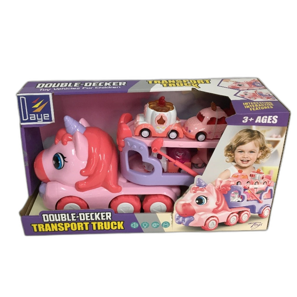 Daye Unicorn Pink Double Decker Transport Truck Holds 4 Mini Vehicles NEW