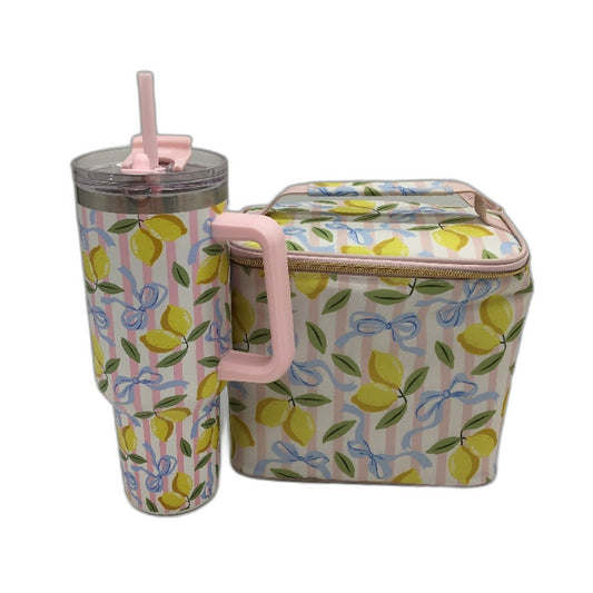 Lemon Bow 1.18L Jumbo Tumbler with Handle and Insulated Lunch Bag Bundle NEW