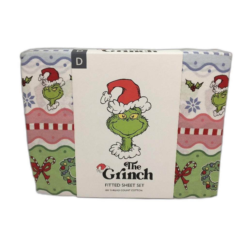The Grinch 180 Thread Count Fitted Wavy Stripe Christmas Sheet Set DOUBLE NEW