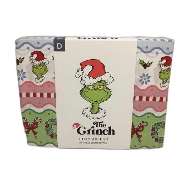 The Grinch 180 Thread Count Fitted Wavy Stripe Christmas Sheet Set DOUBLE NEW