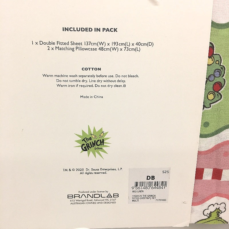 The Grinch 180 Thread Count Fitted Wavy Stripe Christmas Sheet Set DOUBLE NEW