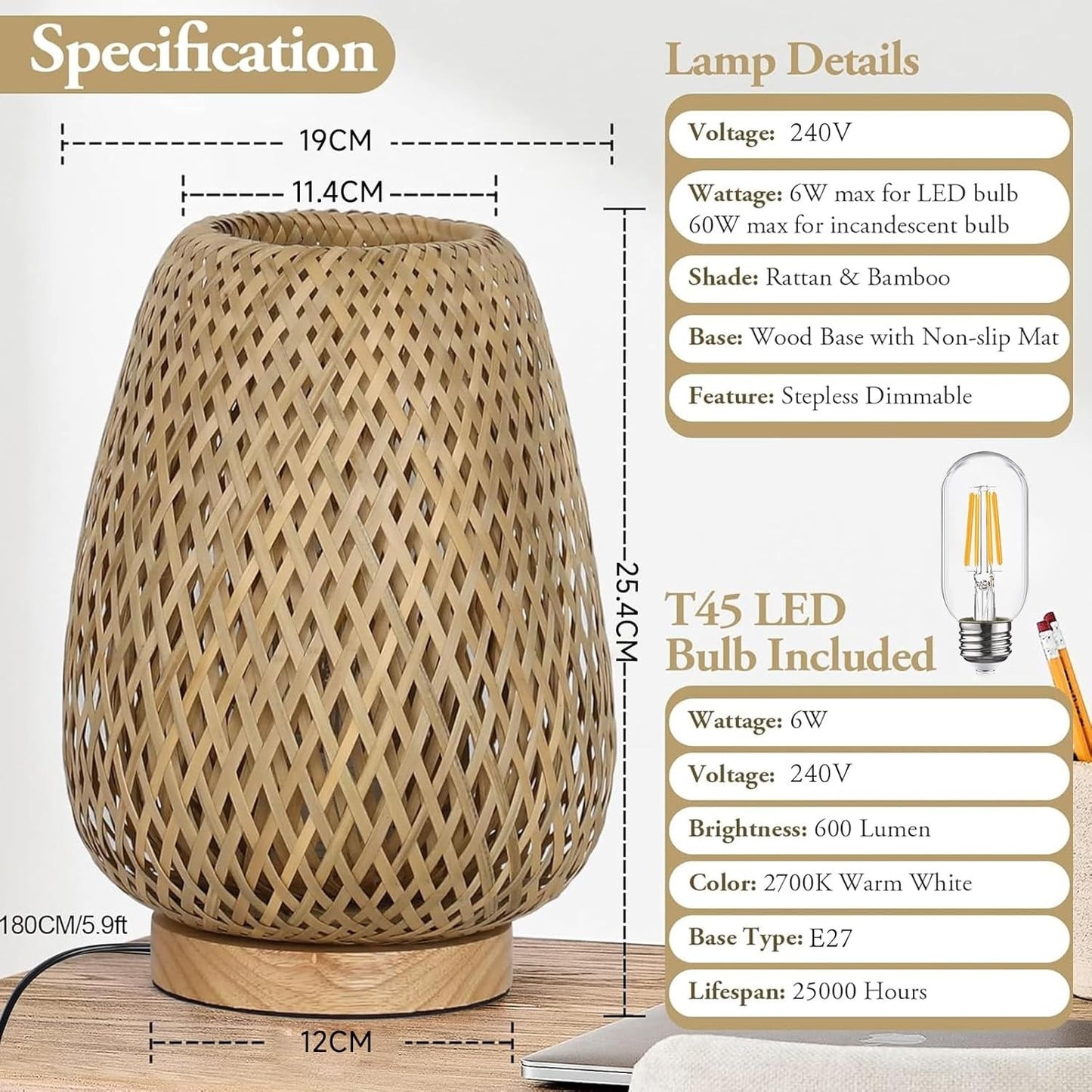 Kinsdan Rattan Table Lamp with Stepless Dimming Feature for Home Decor Australia
