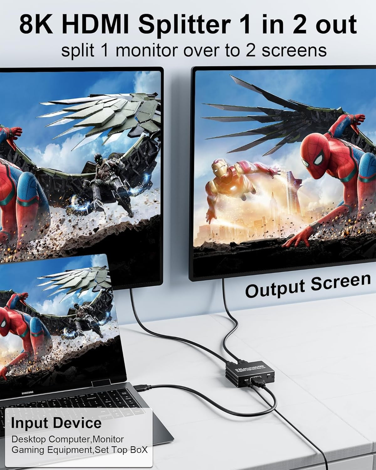 Pubiohs 8K HDMI 2.1 Splitter 1x2 for Dual Monitors with HDR10+