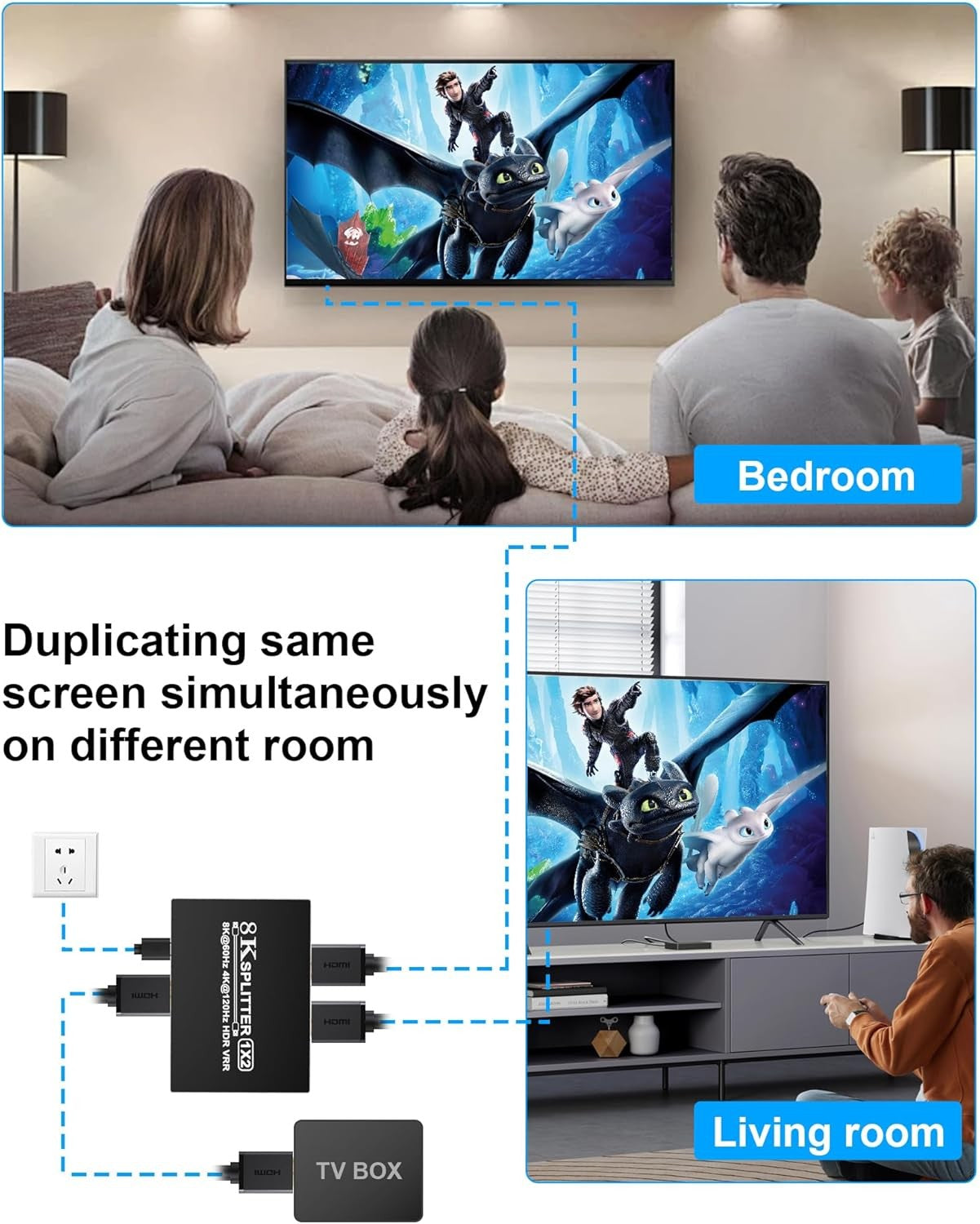 Pubiohs 8K HDMI 2.1 Splitter 1x2 for Dual Monitors with HDR10+