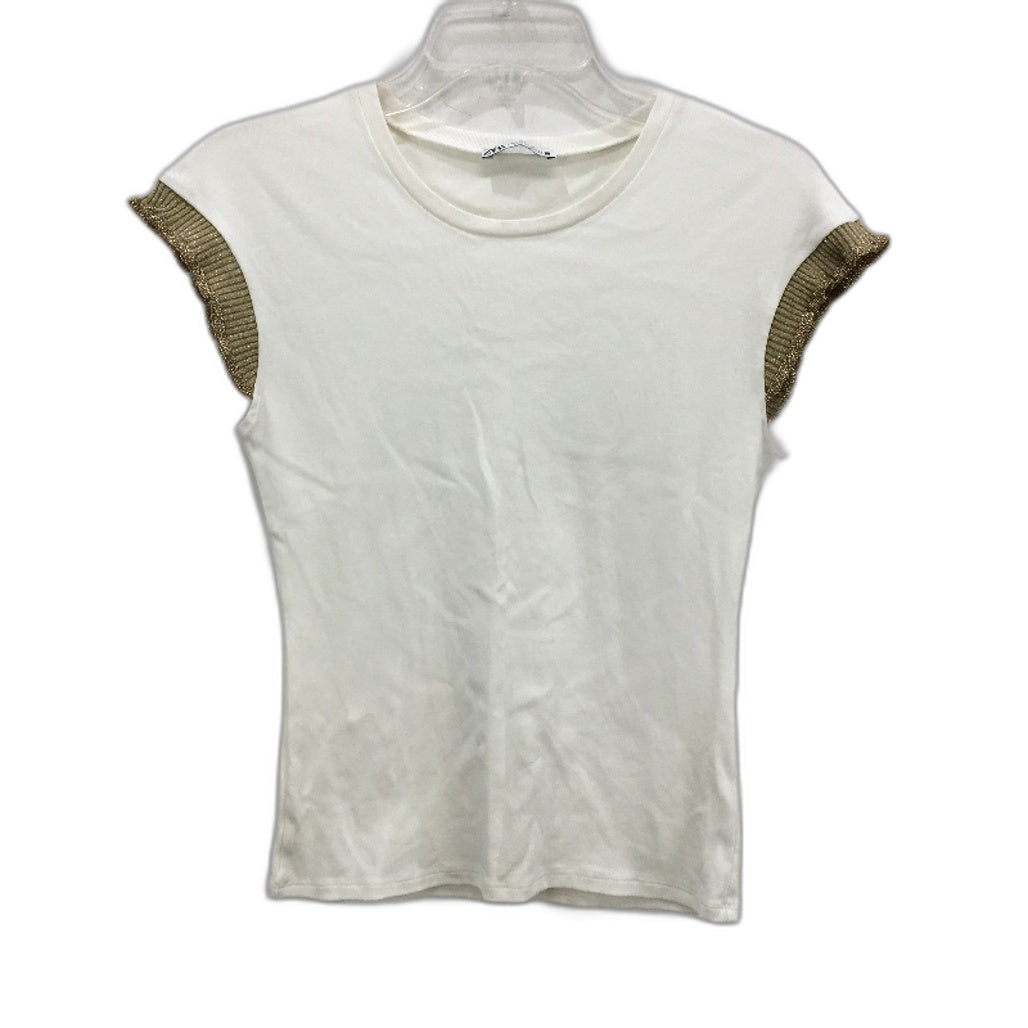 Zara Cream Ribbed Gold Knit Shoulders Sleeveless Slim Fit Top Ladies Size M