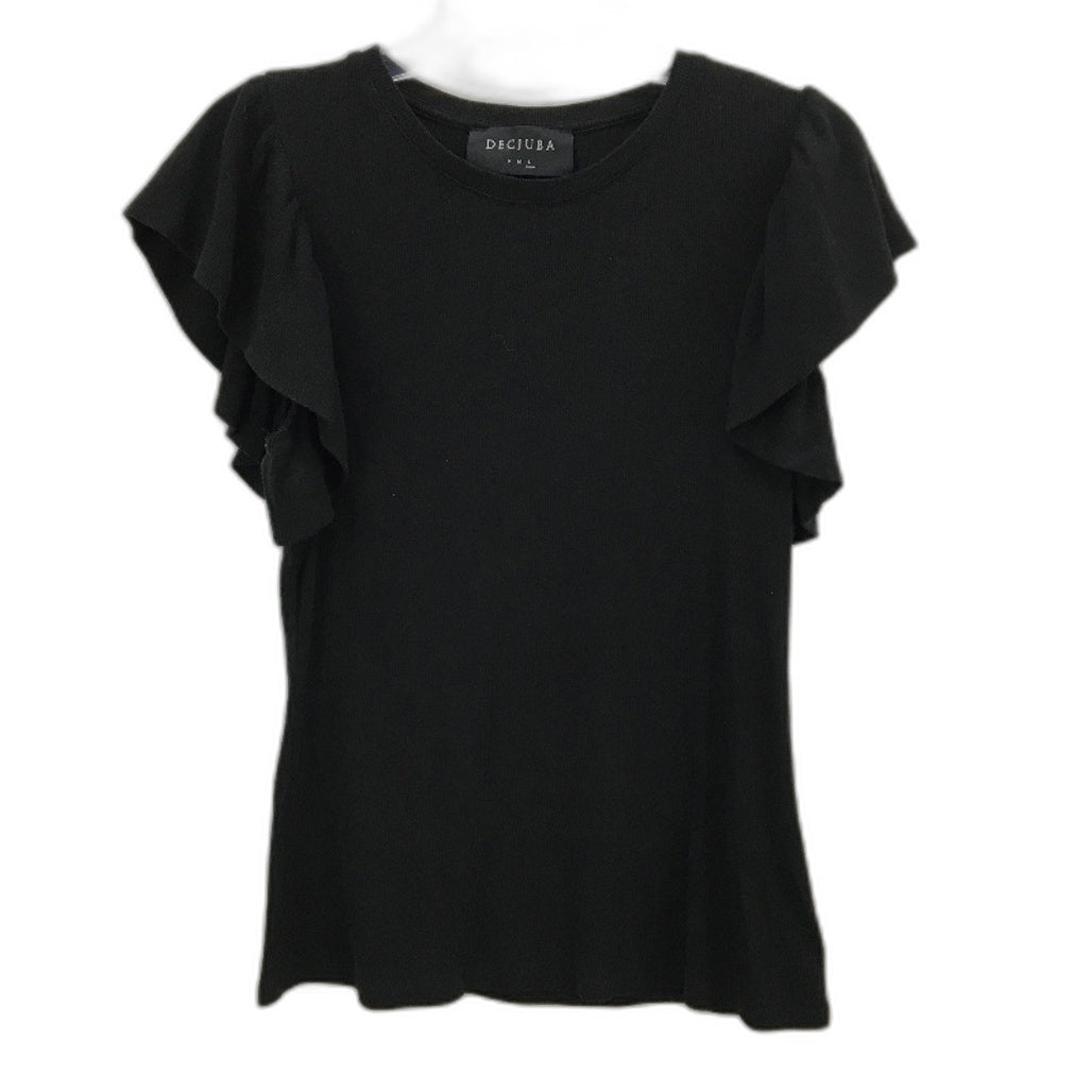 Decjuba Black Stretch Ribbed Ruffled Edged Shoulders Top Ladies Size Large