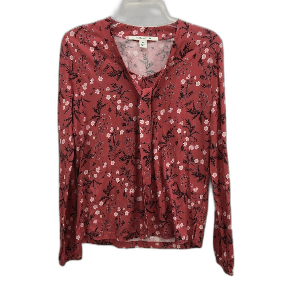 Laura Ashley Pink Floral Cotton Modal Long Sleeve Tie Neck Top Ladies Size XS
