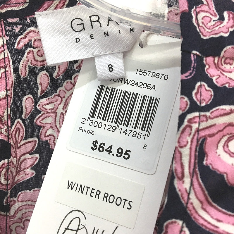 GRAB Denim Pink Floral Long Sleeve Organic Cotton Smock Shirt Ladies Size 8 NEW