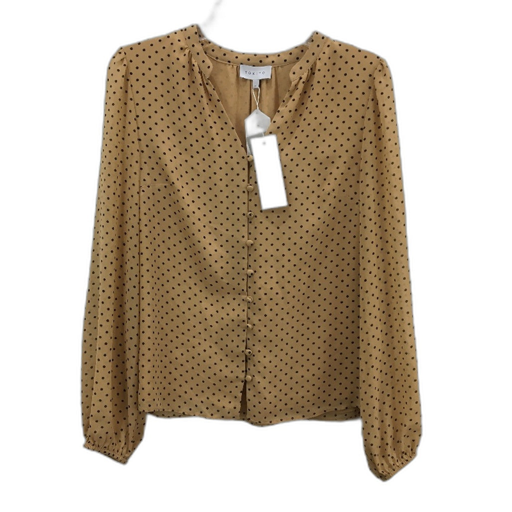 Tokito Camel Poker Dot Button Up Elastic Cuff Blouse Ladies Size 10 NEW