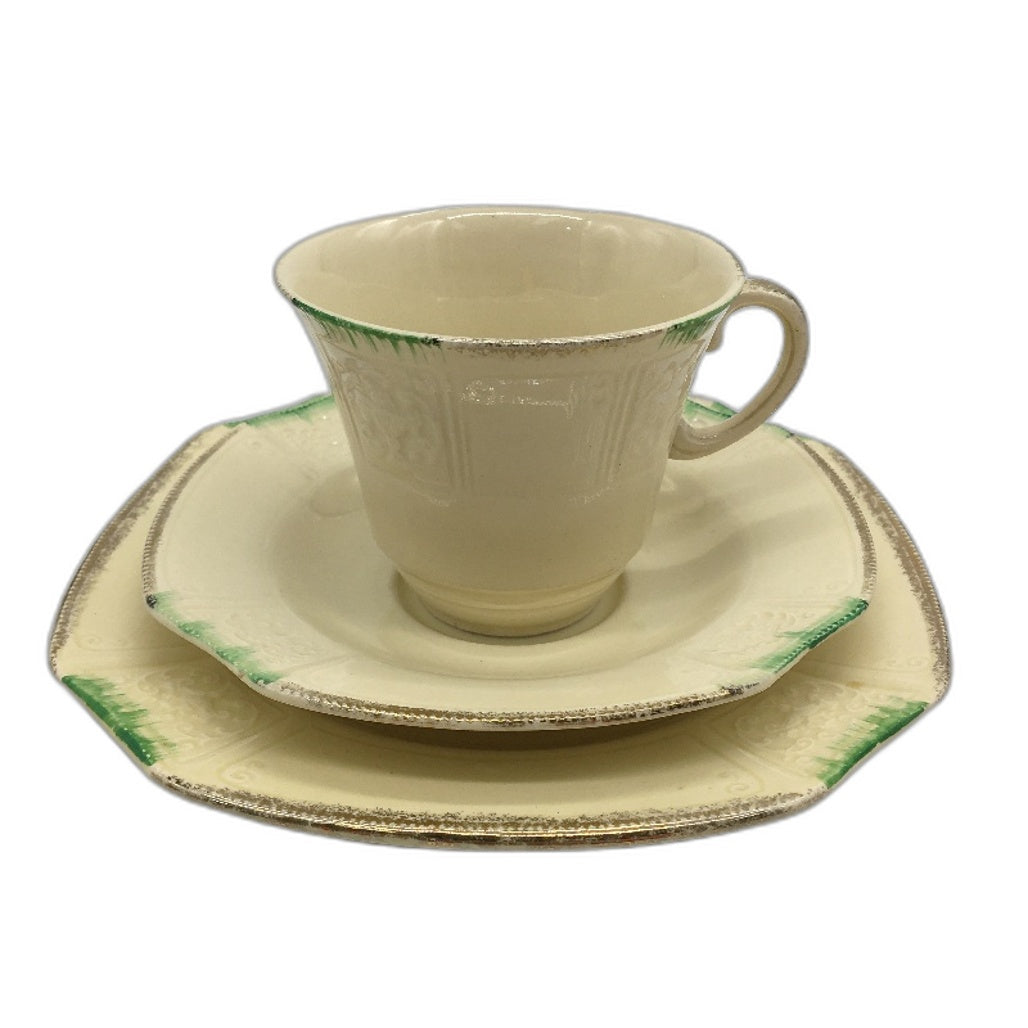 VINTAGE J & G Meakin England Romney Cream Green 3Pce Tea Cup, Saucer & Plate Set
