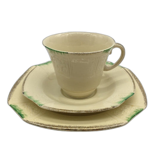 VINTAGE J & G Meakin England Romney Cream Green 3Pce Tea Cup, Saucer & Plate Set