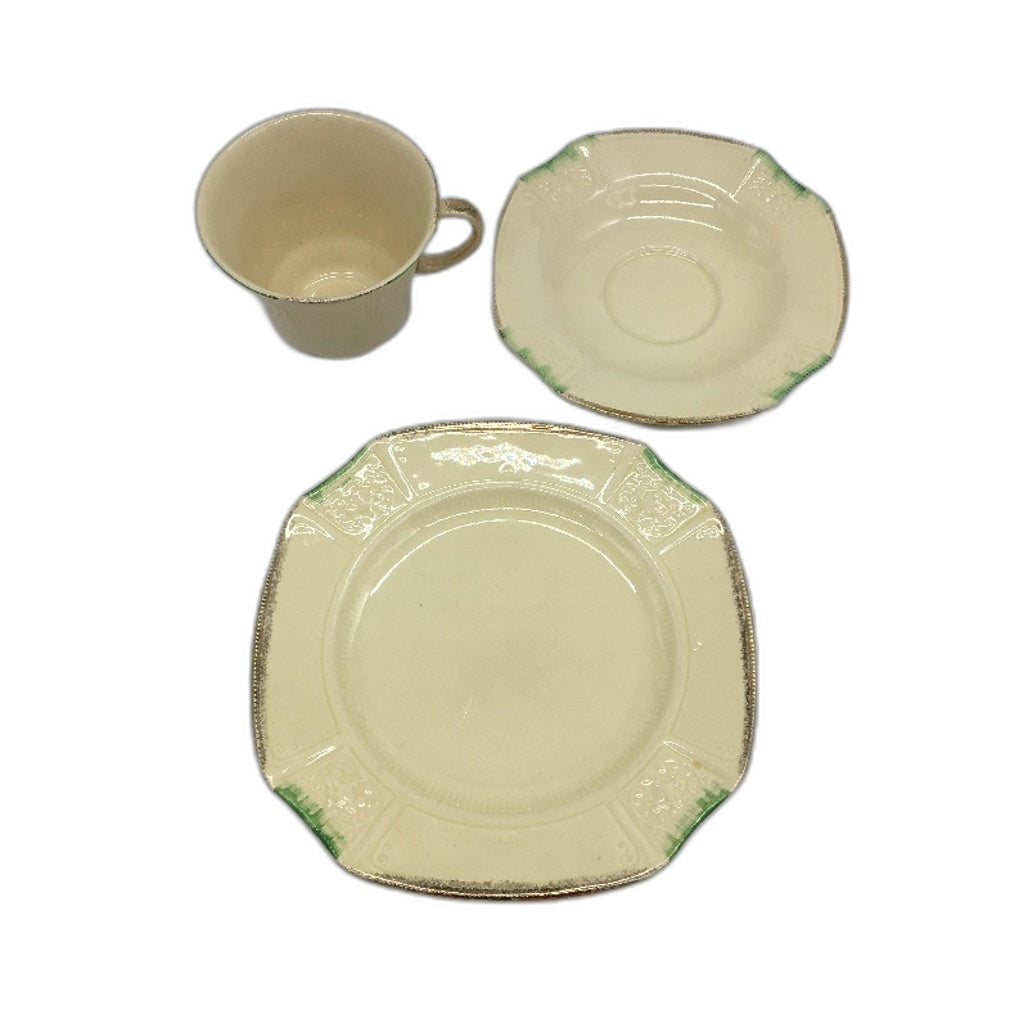 VINTAGE J & G Meakin England Romney Cream Green 3Pce Tea Cup, Saucer & Plate Set