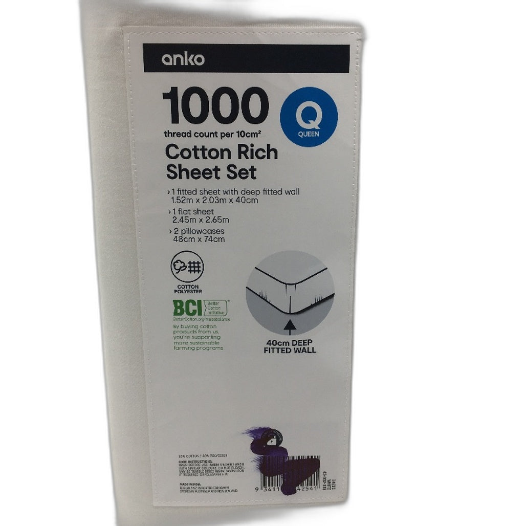 1000 Thread Count Per 10cm White Cotton Rich Blend Sheet Set Size QUEEN NEW