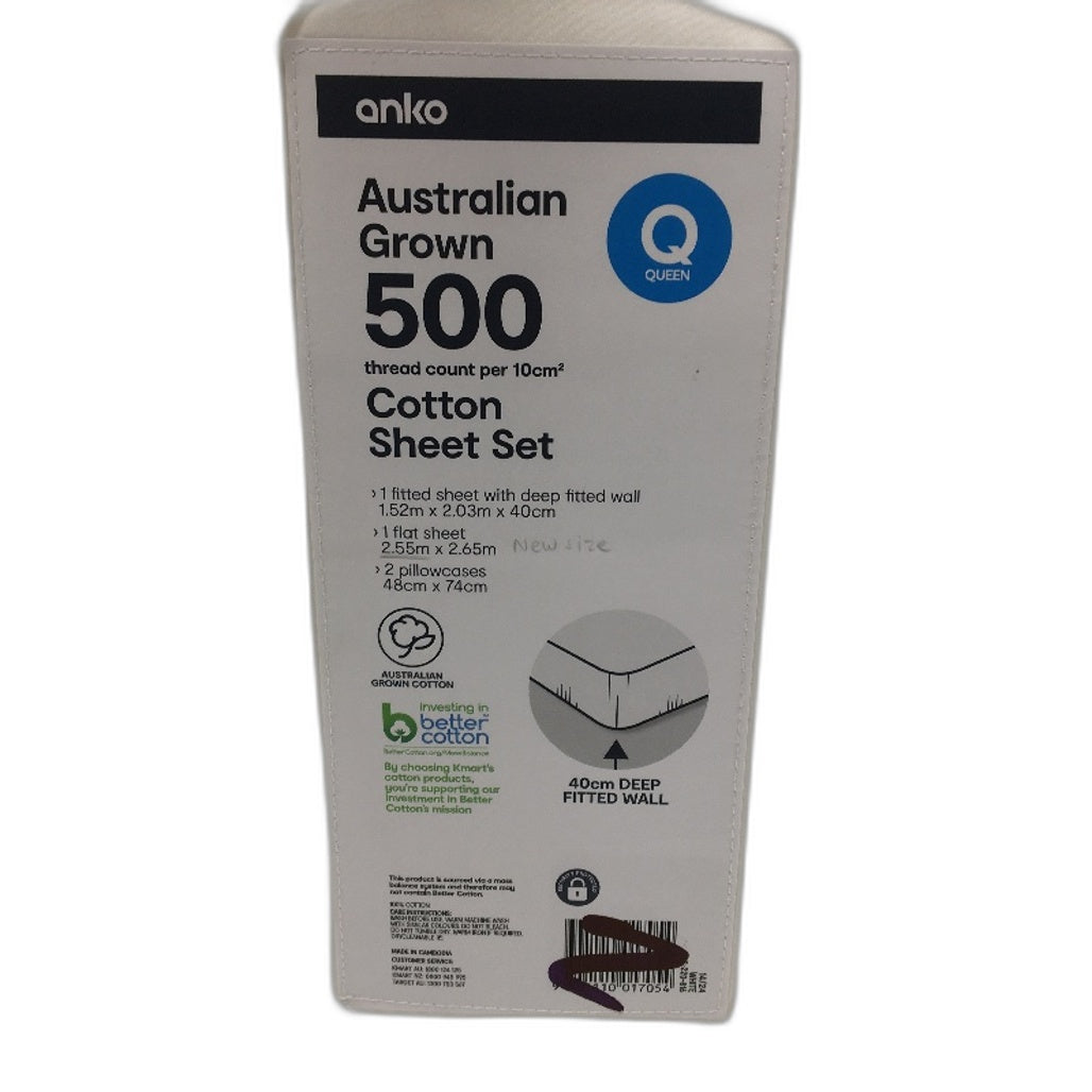 500 Thread Count Per 10cm White Australian Cotton Sheet Set Size QUEEN NEW