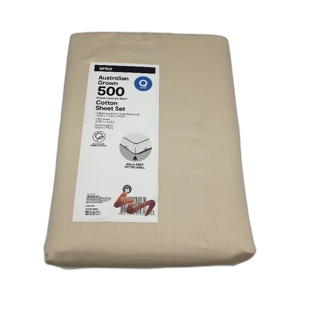 500 Thread Count Per 10cm Sand Beige Australian Cotton Sheet Set Size QUEEN NEW
