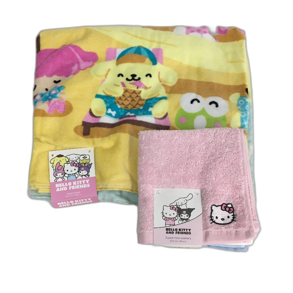 Hello Kitty and Friends Beach Towel and 3 Pack Face Washers Bundle NEW