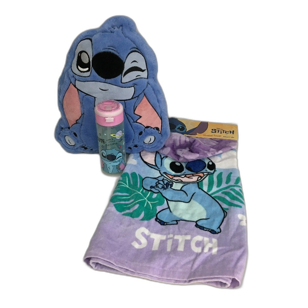 Stitch Plush Character Pillow, Hooded Towel and 24oz Water Bottle Bundle NEW