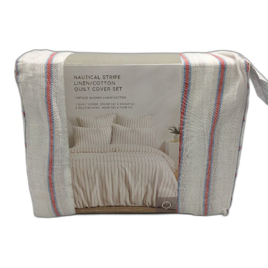Target Nautical Stripe Vintage Wash Linen Cotton Quilt Cover Set Size QUEEN NEW
