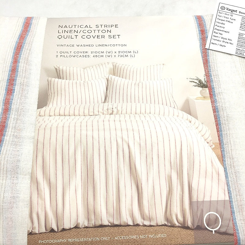 Target Nautical Stripe Vintage Wash Linen Cotton Quilt Cover Set Size QUEEN NEW