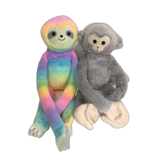 Rainbow Sloth & Monkey 2 Pack Super Soft Fluffy Fastener Hanging Plush Toy NEW
