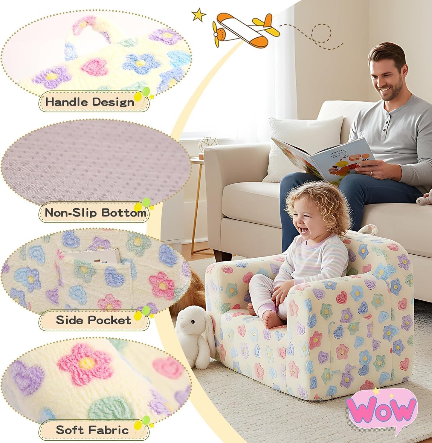 TIITA Kids Sofa with Carrying Handle & Side Pockets - White Flower Online AU