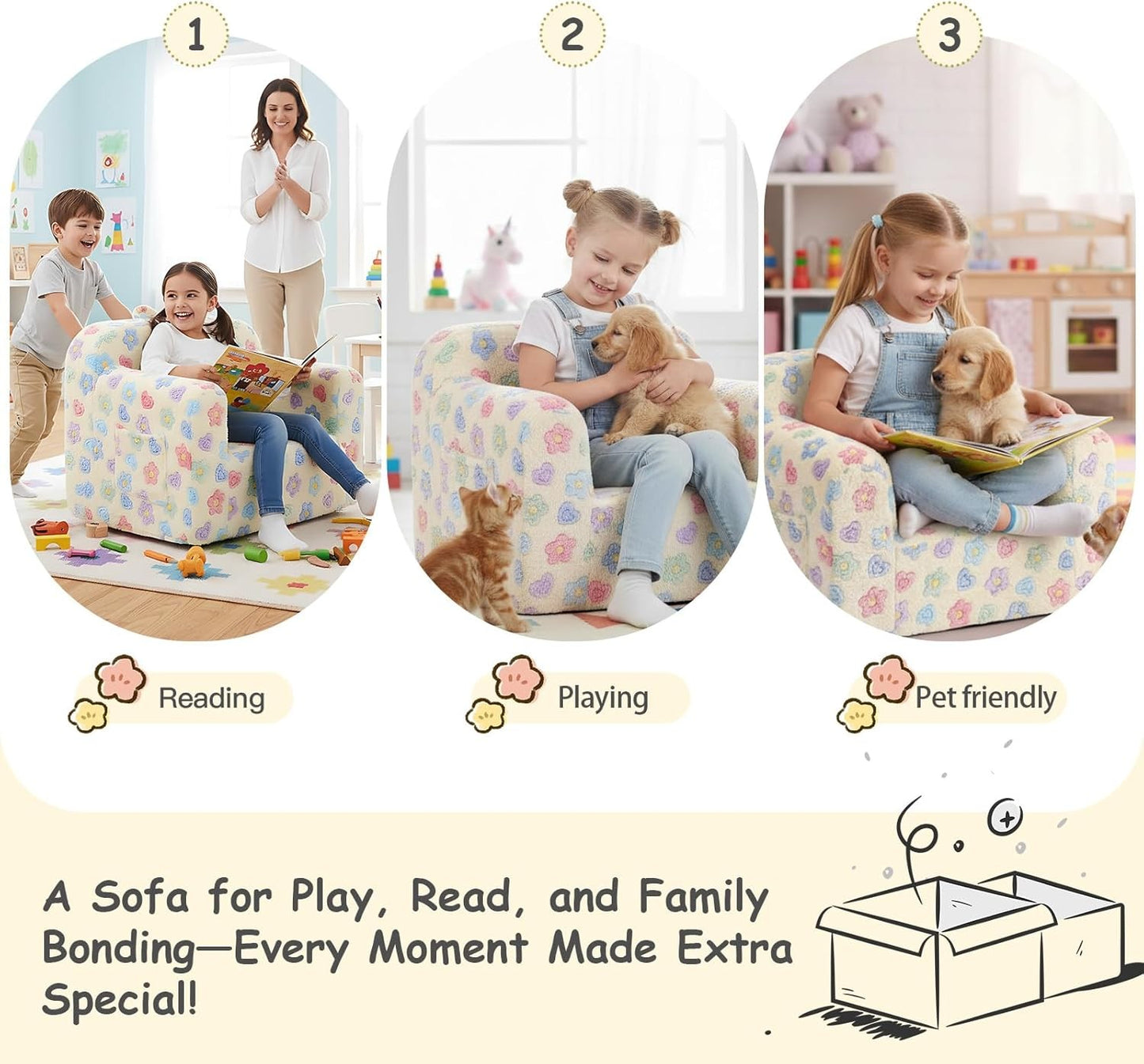 TIITA Kids Sofa with Carrying Handle & Side Pockets - White Flower Online AU
