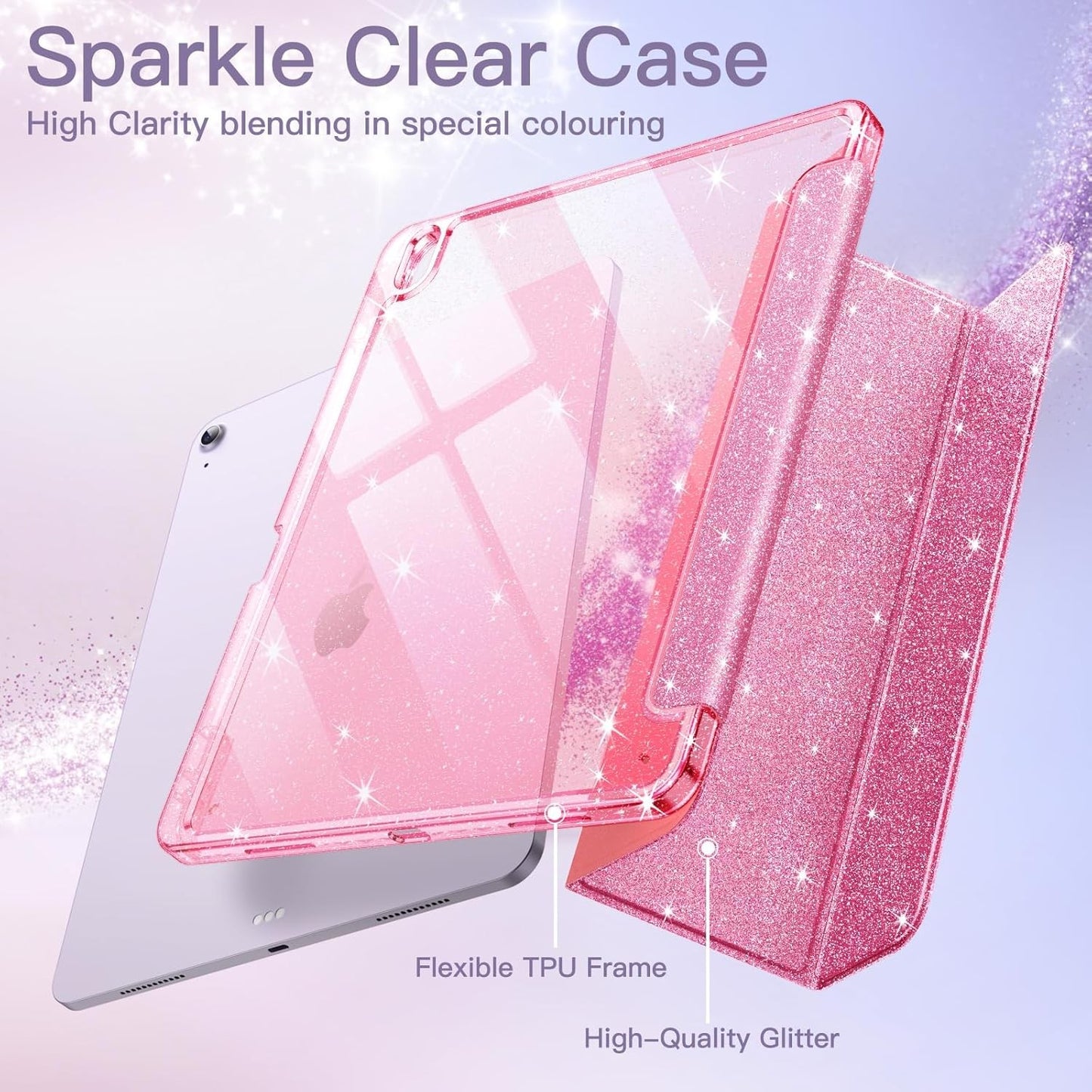 JETech Glitter Case for iPad Air 11-Inch M3/M2 with Pencil Holder Pink