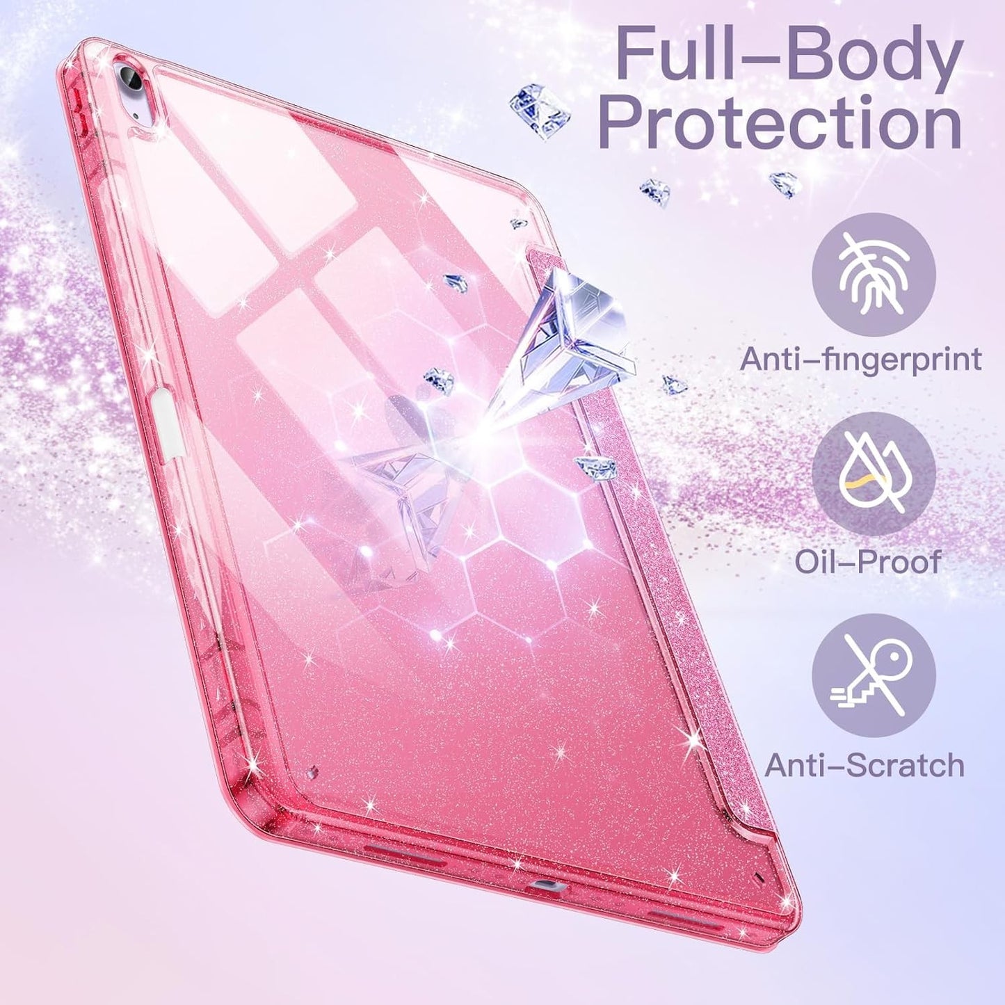 JETech Glitter Case for iPad Air 11-Inch M3/M2 with Pencil Holder Pink