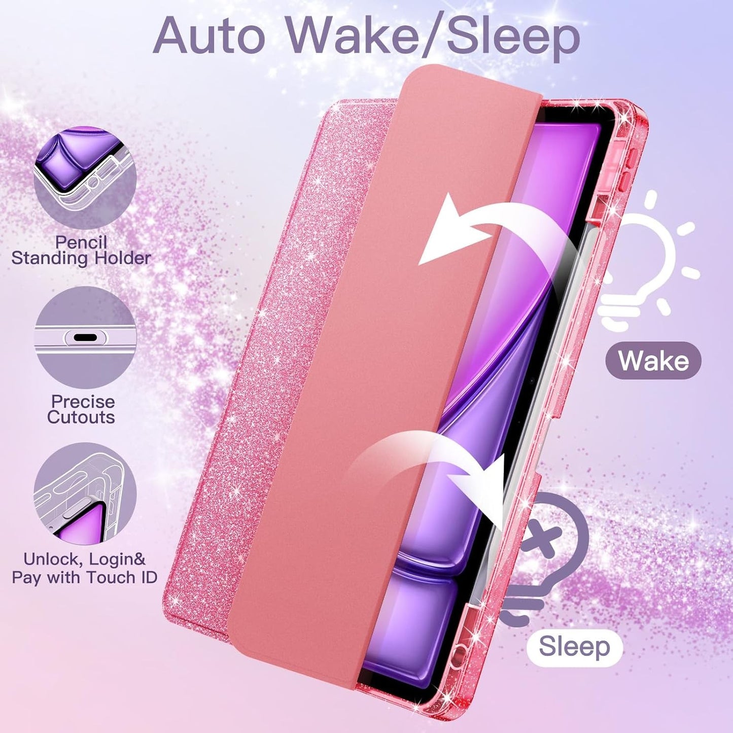 JETech Glitter Case for iPad Air 11-Inch M3/M2 with Pencil Holder Pink