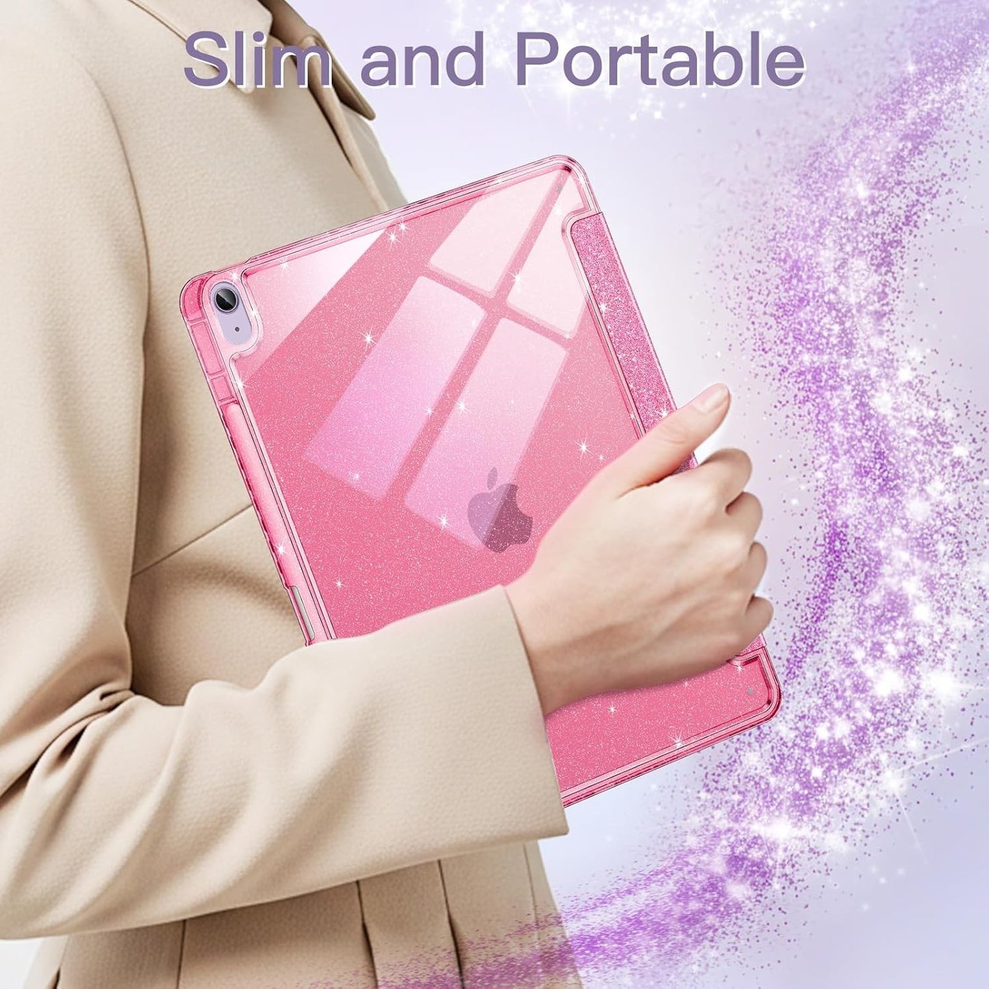 JETech Glitter Case for iPad Air 11-Inch M3/M2 with Pencil Holder Pink