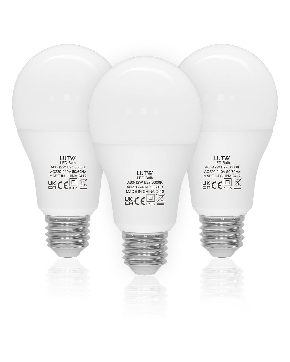LUTW A60-12W Warm White 3000K LED Light Bulbs Pack of 3 for Home