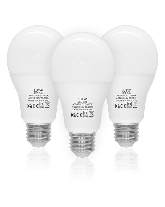 LUTW A60-12W Warm White 3000K LED Light Bulbs Pack of 3 for Home
