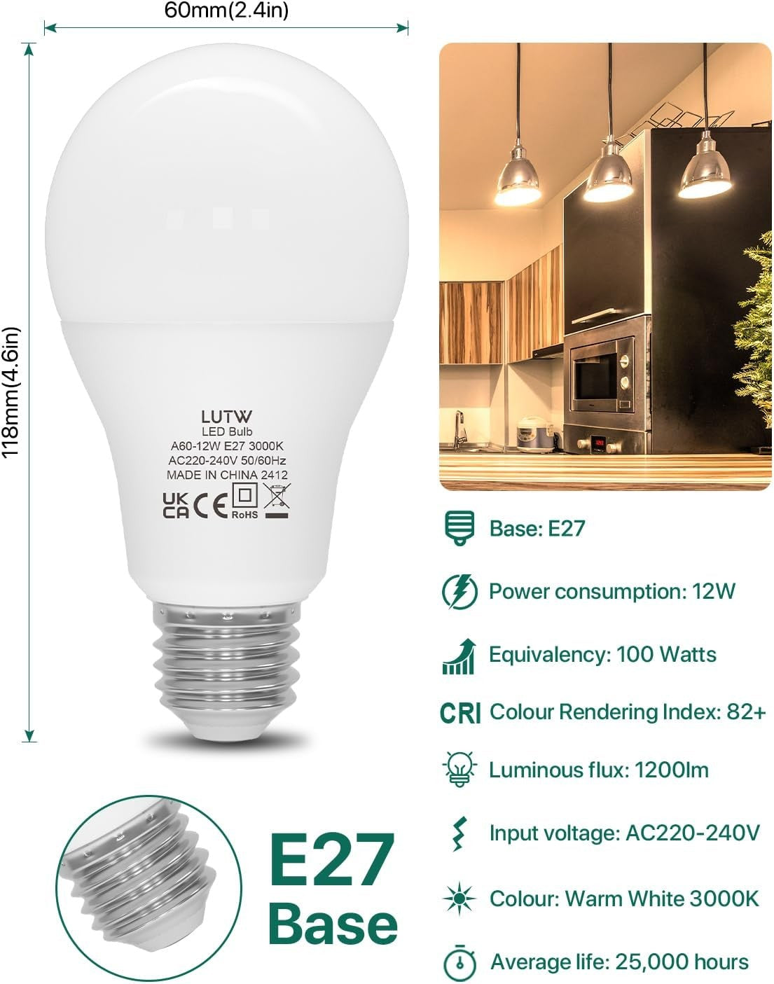 LUTW A60-12W Warm White 3000K LED Light Bulbs Pack of 3 for Home