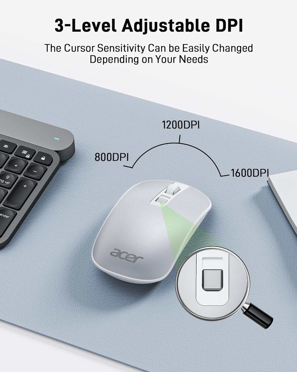 Acer Wireless USB Mouse with 1600 DPI Adjustable Sensitivity for PC