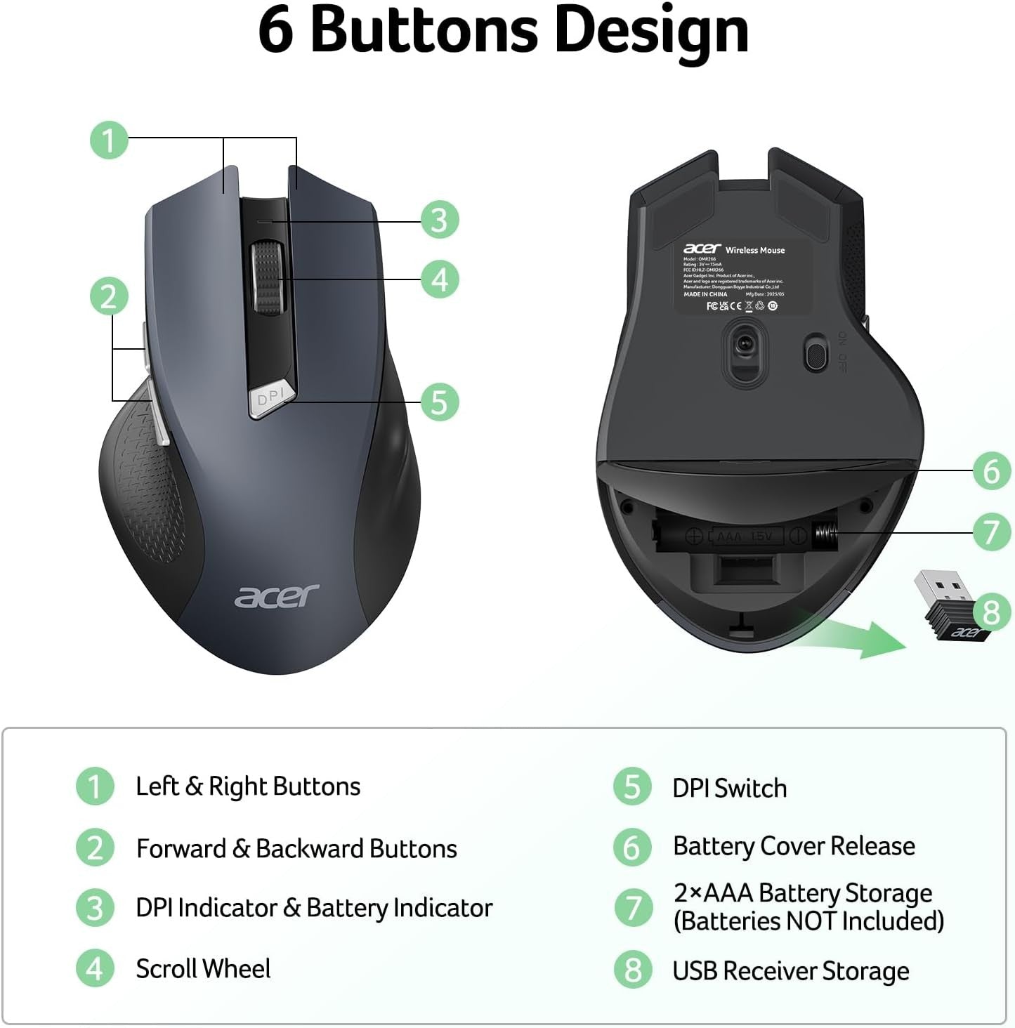 Acer OMR266 Wireless Ergonomic Mouse with 6 Buttons and 1600 DPI