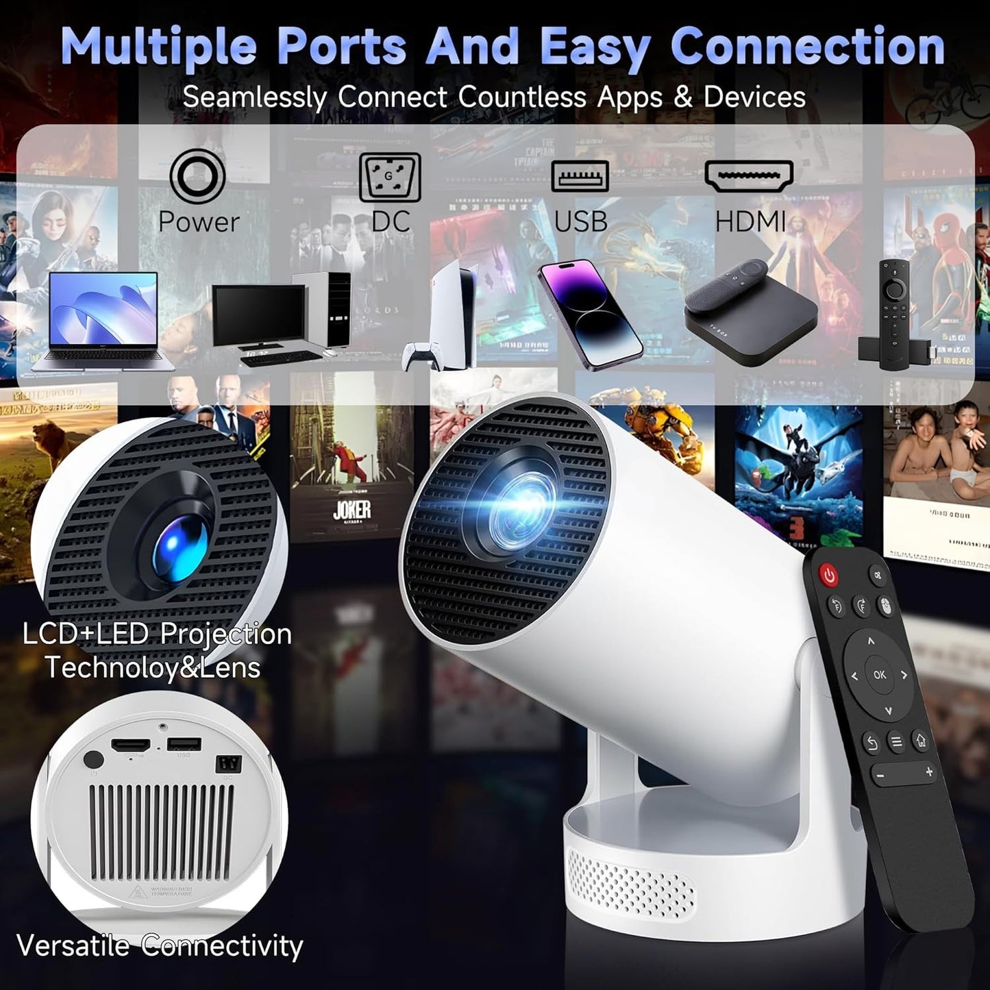 OROMVO Mini Projector 1080P 4K WiFi Bluetooth Home Theater