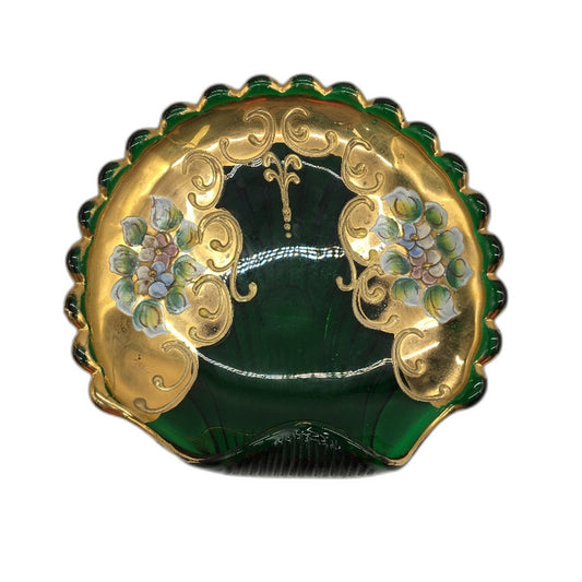 VINTAGE Bohemian Czech Green & Gold Glass Trinket Dish With Hand Painted Flowers