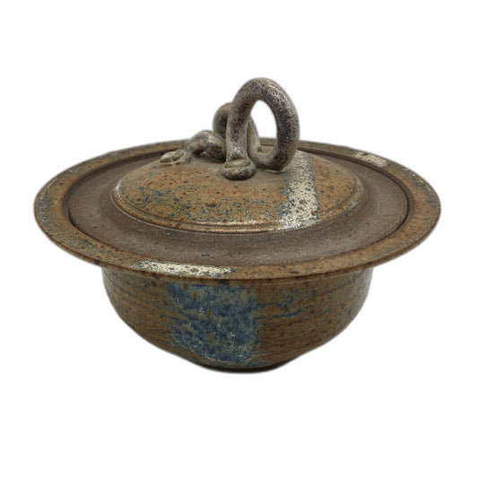 HANDCRAFTED Earthware Pottery Brown Toned Ornate Handled Trinket Dish With Lid