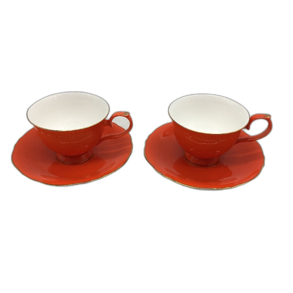 T2 Dishwasher & Microwave Safe Orange Gold Rimmed 4 Piece Tea Cup & Saucer Sets