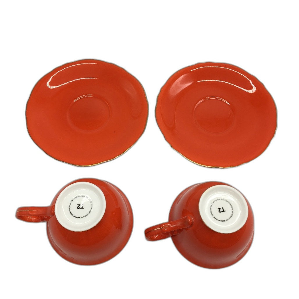T2 Dishwasher & Microwave Safe Orange Gold Rimmed 4 Piece Tea Cup & Saucer Sets