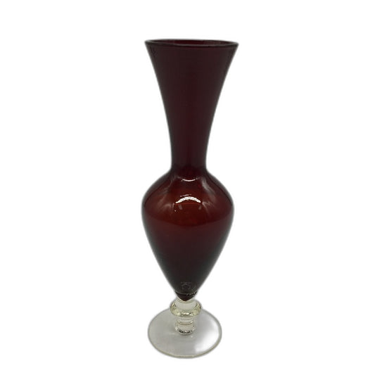 VINTAGE Blood Red Tear Drop Bodied Glass Vase With Clear Footed Base 20cm