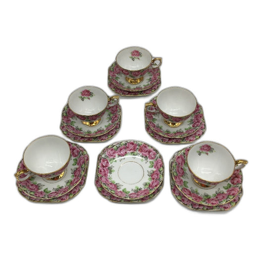 Nippon Bone China NBS Made In Japan Pink Rose 17Pce Tea Cup, Plate & Saucer Set